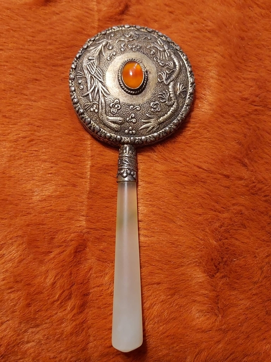 Other - Vintage Chinoiserie Jade Handle Dragon Mirror Carnelian Silver Vanity Antique